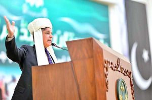 Prime Minister Muhammad Shehbaz Sharif addressing a Grand Jirga of tribal elders at the Zehri Auditorium.