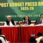 Minister for Finance and Revenue Muhammad Aurangzeb addressing to post budget press briefing 2025-26