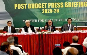 Minister for Finance and Revenue Muhammad Aurangzeb addressing to post budget press briefing 2025-26