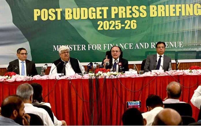 Minister for Finance and Revenue Muhammad Aurangzeb addressing to post budget press briefing 2025-26