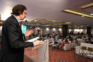 Special Assistant to the Prime minister Haroon Akhtar khan addressing to" Dissemination Workshop of Pakistan's New Energy vehicles Policy 2025-30"organized by the ministry of Industries and production and EDB at local hotel