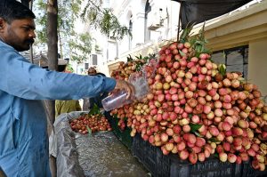 A vendor sprinkling water on seasonal fruit “lychee” to attract the customers at KhanaPul.