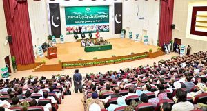 Prime Minister Muhammad Shehbaz Sharif addressing a Grand Jirga of tribal elders at the Zehri Auditorium.
