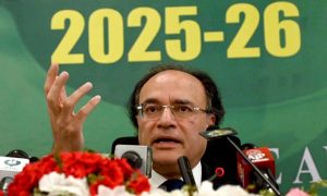 Minister for Finance and Revenue Muhammad Aurangzeb addressing to post budget press briefing 2025-26