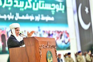 Prime Minister Muhammad Shehbaz Sharif addressing a Grand Jirga of tribal elders at the Zehri Auditorium.