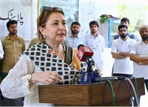Secretary Ministry of Climate Change and Environmental Coordination Ms. Aisha Humera Moriani addressing the launching ceremony of the Clean-up Drive Initiative at the Margallah Hills, National Park and Trail 5