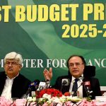 Minister for Finance and Revenue Muhammad Aurangzeb addressing to post budget press briefing 2025-26