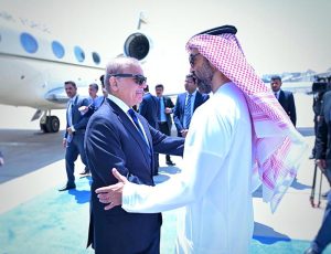 His Highness Sheikh Tahnoun bin Zayed Al Nahyan, National Security Advisor of the United Arab Emirates, receiving Prime Minister Muhammad Shehbaz Sharif upon arrival at Al Bateen Airport