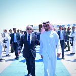 His Highness Sheikh Tahnoun bin Zayed Al Nahyan, National Security Advisor of the United Arab Emirates, receiving Prime Minister Muhammad Shehbaz Sharif upon arrival at Al Bateen Airport