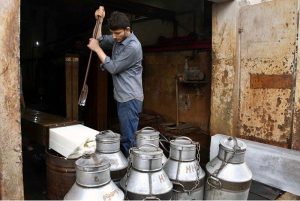 A worker removes a block of milk ice from the box after the milk stored in it to prevent spoilage before delivery at the local ice factory.