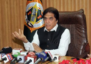 Federal Minister for Railways Muhammad Hanif Abbasi addressing a press conference at DS Office