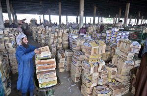 Labourers are busy arranging wooden boxes of mangoes after unloading from delivery trucks at Fruit and Vegetable Market, Pirwadhai.