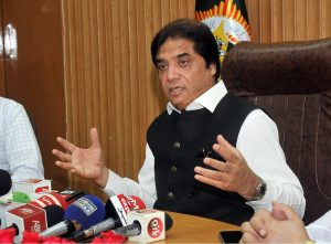 Federal Minister for Railways Muhammad Hanif Abbasi addressing a press conference at DS Office