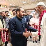 Provincial Health Minister Khawaja Imran Nazir welcomes the pilgrims of the first Hajj flight at the airport