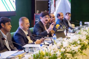 Sindh Chief Minister Syed Murad Ali Shah addressing a post budget press briefing at CM House.