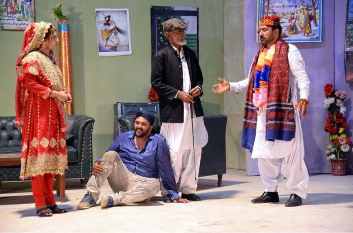 Artists perform in the play Be-Wass, presented by the Arts Council of Pakistan Karachi during the Sindh Drama Festival 2025 at Arts Council Pakistan Larkana