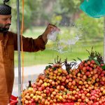A vendor showers water on seasonal fruits (lychee) to keep them fresh near Eidgah.