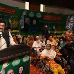 Chairman Sargodha Waste Management Company, Chaudhary Abdul Razzaq Dhillon, addresses a wheelchair distribution ceremony for differently-abled deserving persons at Sargodha Arts Council, organized by the Social Welfare Department and Baitul Mal