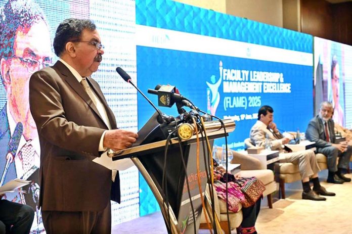Chairman Senate of Pakistan, Syed Yousuf Raza Gillani, addresses a seminar on "Faculty Leadership & Management Excellence (FLAME) 2025", organized by the Higher Education Commission (HEC) at a local hotel