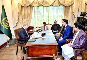 MNA Ali Jan Mazari calls on Prime Minister Muhammad Shehbaz Sharif at Parliament House.