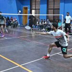 Players in action in badminton match played between District Sargodha and District Bhakher during Inter-District Badminton Championship in the Summer Games-2025 organized by Divisional Sports Department on the instructions of the Chief Minister of Punjab at Sports Gymnasium