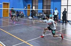 Players in action in badminton match played between District Sargodha and District Bhakher during Inter-District Badminton Championship in the Summer Games-2025 organized by Divisional Sports Department on the instructions of the Chief Minister of Punjab at Sports Gymnasium