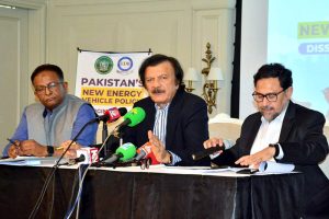SAPM Haroon Akhtar Khan is addressing to media on Pakistan’s New Energy Vehicle Policy.