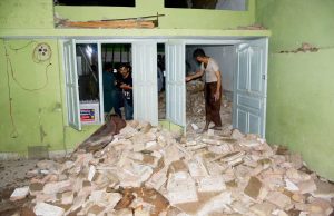 A view of the collapsed roof of a madrasa in Tando Jam, caused by heavy rain last night, resulting in the tragic death of two children and injuries to twelve others.
