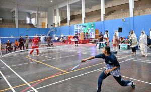 Players in action in badminton match played between District Sargodha and District Bhakher during Inter-District Badminton Championship in the Summer Games-2025 organized by Divisional Sports Department on the instructions of the Chief Minister of Punjab at Sports Gymnasium