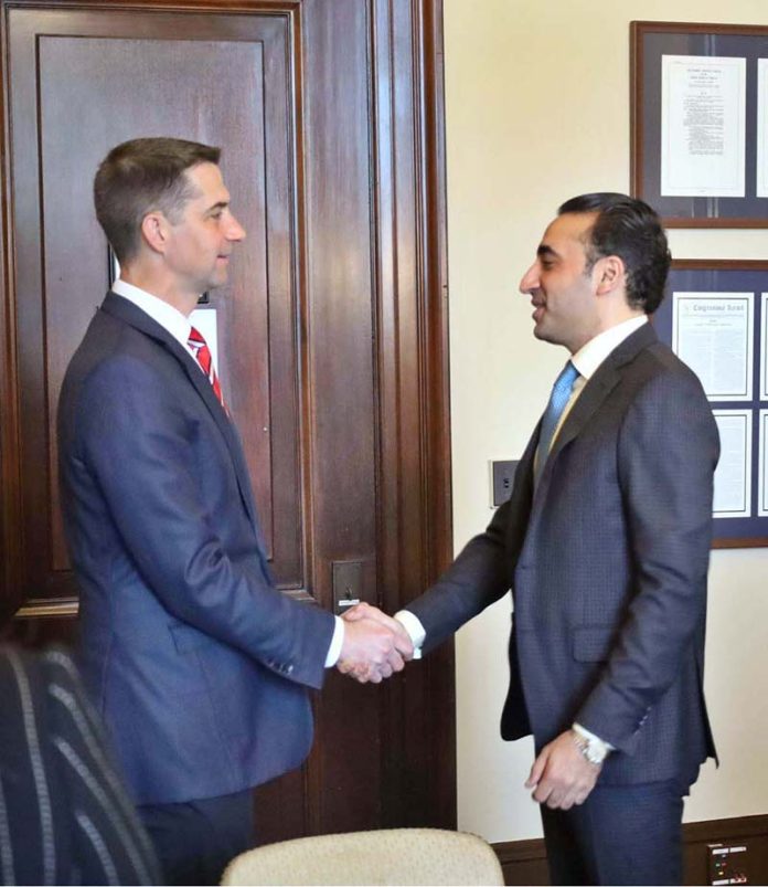 Chairman Pakistan Peoples Party (PPP) and former Foreign Minister, Bilawal Bhutto Zardari met with U.S. Senator Tom Cotton, Chairman of the Senate Select Committee on Intelligence, to discuss peace and security challenges in South Asia