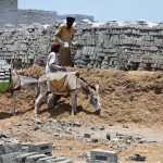 Workers load construction bricks onto a donkey cart for transport from a local brick kiln to a nearby construction site
