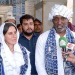 United Nations Resident and Humanitarian Coordinator in Pakistan, Mohamed Yahya talking to media persons at Moosa Pak Shaheed Mausoleum.