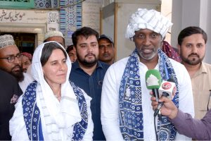 United Nations Resident and Humanitarian Coordinator in Pakistan, Mohamed Yahya talking to media persons at Moosa Pak Shaheed Mausoleum.