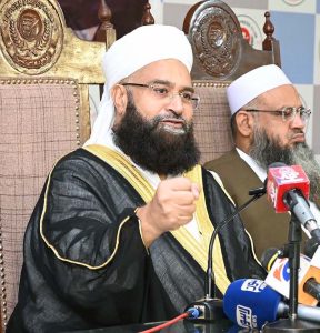 Chairman Ullema Council, Hafiz Tahir Mahmood Ashrafi, addressing to the media at Press club.