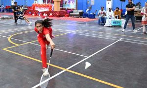 Players in action in badminton match played between District Sargodha and District Bhakher during Inter-District Badminton Championship in the Summer Games-2025 organized by Divisional Sports Department on the instructions of the Chief Minister of Punjab at Sports Gymnasium
