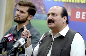 Chairman of the Prime Minister's Youth Programme, Rana Mashhood Ahmed Khan, addresses a press conference during the PM’s Cricket Talent Hunt announcement and signing ceremony with Lahore Qalandars, Team captain Shaheen Shah Afridi is also seen in the picture