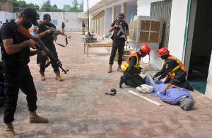 Rescue 1122, Civil Defence, and Police personnel take part in a joint mock drill at Imambargah Mehdiya Complex to ensure preparedness for any untoward incident during Muharram-ul-Haram.