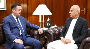 Speaker National Assembly Sardar Ayaz Sadiq receiving Ambassador of Uzbekistan Mr. Alisher Tukhtaev at Parliament House in Federal Capital