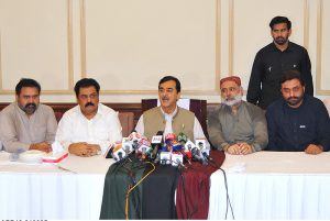 Chairman Senate Syed Yusuf Raza Gillani talking to media persons during a ceremony held to commemorate the birth anniversary of former Prime Minister Shaheed Mohtarma Benazir Bhutto at a local hotel.