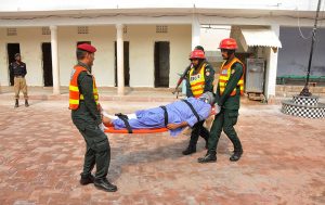 Rescue 1122, Civil Defence, and Police personnel take part in a joint mock drill at Imambargah Mehdiya Complex to ensure preparedness for any untoward incident during Muharram-ul-Haram.