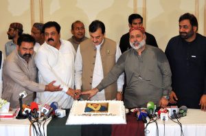 Chairman Senate Syed Yusuf Raza Gillani talking to media persons during a ceremony held to commemorate the birth anniversary of former Prime Minister Shaheed Mohtarma Benazir Bhutto at a local hotel.