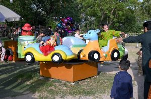 Children enjoy swing on the merry go round during their visit to Lake View Park on the second day of Eid-ul-Azha celebrations.
