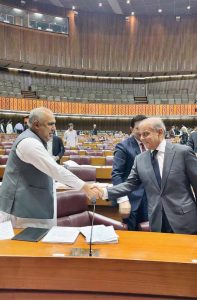 Prime Minister Muhammad Shehbaz Sharif himself approaches the opposition benches in National Assembly and greets leader of the PTI Asad Qaiser.