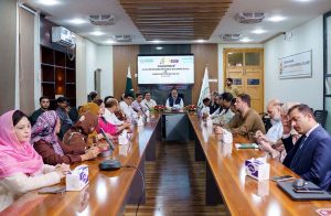 Minister for Social Welfare Syed Qasim Ali Shah addresses the inauguration ceremony of the Center for Continuing Professional Development (C4CPD), established by the KP Child Protection and Welfare Commission.