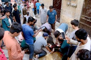 Butchers attempt to bring down a bull to sacrifice on the 2nd day the religious ritual of Eid ul Azha.