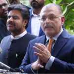 Senior Provincial Minister Sindh Sharjeel Inam Memon along with Sindh Minister Syed Nasir Hussain Shah talking to Media Persons at Sindh Assembly Media Corner after Sindh budget 2025-26 Presented by Sindh Chief Minister at Sindh Assembly Budget Session