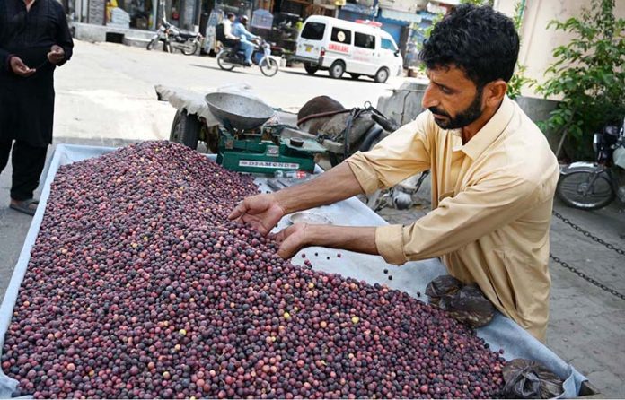 The vendor is decorating the summer fruit Falsa to attract customers at his roadside setup
