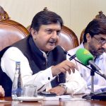 Speaker Punjab Assembly Malik Ahmed Khan addressing a press conference in the Punjab Assembly.