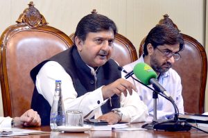 Speaker Punjab Assembly Malik Ahmed Khan addressing a press conference in the Punjab Assembly.