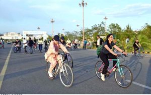A large number of people participate in the 'World Bicycle Day Rally' from D-Chowk to Serena Hotel, organized by the Embassy of Turkmenistan in collaboration with Serena Hotels in the Federal Capital.